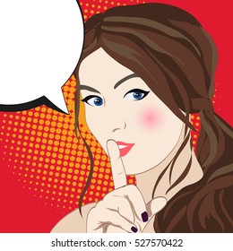 pop art girl shows gesture secret. woman in comic book style. vector illustration