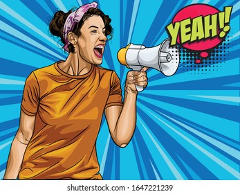 Pop art girl with a speaker in hand shout out yeah with excitment