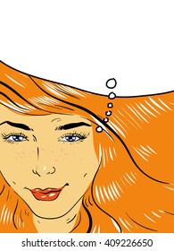 Pop art girl with speech bubble, vector retro comic style illustration. Girl with orange hair and smile. 