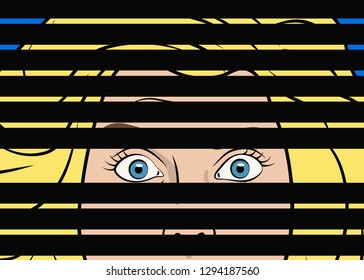 Pop art girl spies through the crack of blinds. Women's eyes. Advertising poster. Top secret. Vector illustration in comic style