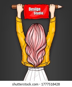 Pop art girl standing backwards and holds in hands a large pencil with red banner. Young woman with pink hair and yellow jacket holding over his head flag with text Design Studio. Education concept.