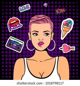 Pop art girl with stickers. Vector 80s girl art with fashion style signs