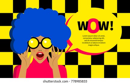 Pop art girl surprised. Woman with bright makeup opened her mouth. Retro banner with bubble, advertising discount, sale, promo. Vector illustration