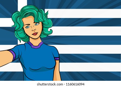 Pop art girl with unicorn color hair style. Young fan girl makes selfie before the national flag of Greece. Vector sport illustration in retro comic style