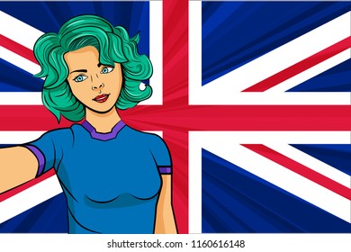 Pop art girl with unicorn color hair style. Young fan girl makes selfie before the national flag of UK. Vector sport illustration in retro comic style