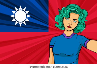 Pop art girl with unicorn color hair style. Young fan girl makes selfie before the national flag of Taiwan. Vector sport illustration in retro comic style