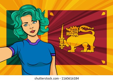 Pop art girl with unicorn color hair style. Young fan girl makes selfie before the national flag of Sri Lanka. Vector sport illustration in retro comic style