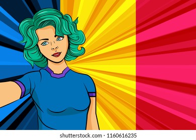 Pop art girl with unicorn color hair style. Young fan girl makes selfie before the national flag of Romania. Vector sport illustration in retro comic style