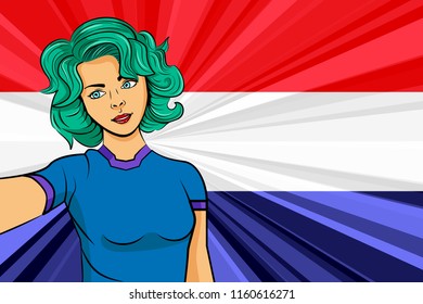 Pop art girl with unicorn color hair style. Young fan girl makes selfie before the national flag of Netherlands. Vector sport illustration in retro comic style