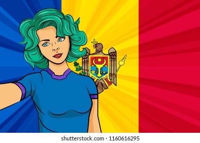 Pop art girl with unicorn color hair style. Young fan girl makes selfie before the national flag of Moldova. Vector sport illustration in retro comic style