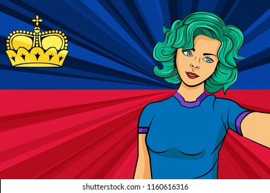 Pop art girl with unicorn color hair style. Young fan girl makes selfie before the national flag of Liechtenstein. Vector sport illustration in retro comic style