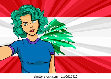 Pop art girl with unicorn color hair style. Young fan girl makes selfie before the national flag of Lebanon. Vector sport illustration in retro comic style