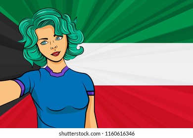 Pop art girl with unicorn color hair style. Young fan girl makes selfie before the national flag of Kuwait. Vector sport illustration in retro comic style