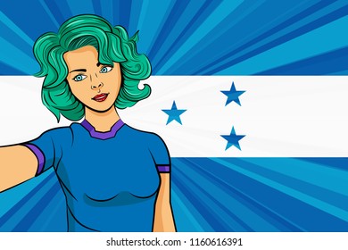 Pop art girl with unicorn color hair style. Young fan girl makes selfie before the national flag of Honduras. Vector sport illustration in retro comic style