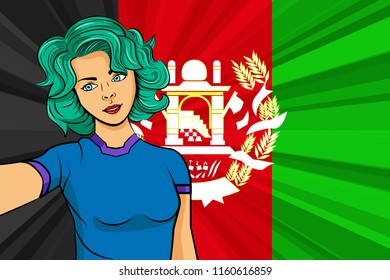Pop art girl with unicorn color hair style. Young fan girl makes selfie before the national flag of Afghanistan. Vector sport illustration in retro comic style
