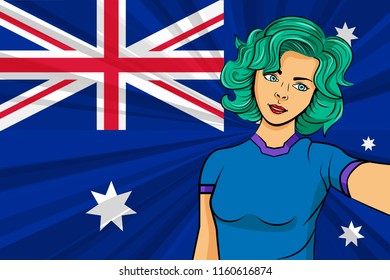 Pop art girl with unicorn color hair style. Young fan girl makes selfie before the national flag of Australia. Vector sport illustration in retro comic style
