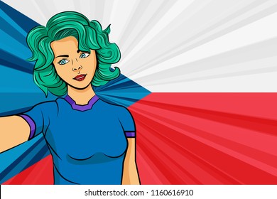 Pop art girl with unicorn color hair style. Young fan girl makes selfie before the national flag of Czech Republic. Vector sport illustration in retro comic style