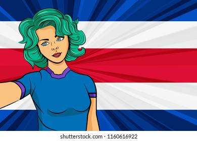 Pop art girl with unicorn color hair style. Young fan girl makes selfie before the national flag of Costa Rica. Vector sport illustration in retro comic style