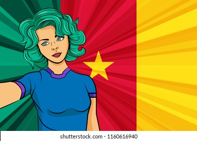 Pop art girl with unicorn color hair style. Young fan girl makes selfie before the national flag of Cameroon. Vector sport illustration in retro comic style