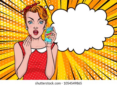 Pop Art girl vector portrait. Comic woman holding mobile phone in her hand. Amazed, wow, cute face, wow, makeup, wonder.  Sale, discount, special offer banner or poster.