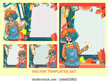 Pop art girl ,Vector templates set
Girl wearing glasses.
She carries a sign saying Cool standing in front of the modern ,paper cut ,abstract graphic  backdrop.
Template with empty place for text.
