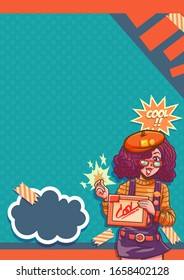 Pop art girl
Girl wearing glasses and a denim bib skirt.
She carries a sign saying Cool standing in front of the modern ,pop art abstract graphic  backdrop.
Cartoon style vector illustration.