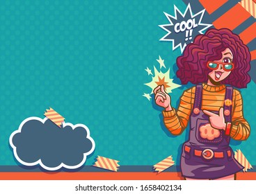 Pop art girl
Girl wearing glasses and Denim bib skirt stands in front of the modern ,pop art abstract graphic style.
Comic style vector illustration.