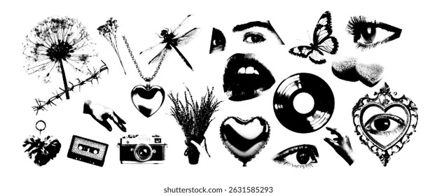 Pop art glamour elements retro halftone effect. Grunge black and white  Eyes, mouth, vinyl, heart, hand, cupcake, dragonfly, dried flowers. Vector illustration.

