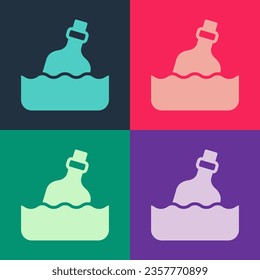 Pop art Glass bottle with a message in water icon isolated on color background. Letter in the bottle. Pirates symbol.  Vector