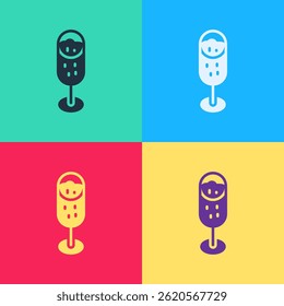 Pop art Glass of champagne icon isolated on color background. Merry Christmas and Happy New Year.  Vector