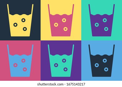 Pop art Glass with water icon isolated on color background. Soda glass.  Vector Illustration