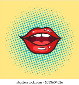 Pop art glossy Vector Lips. Open Sexy wet red lips with teeth. Retro comic style.