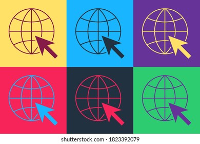 Pop art Go To Web icon isolated on color background. Globe and cursor. Website pictogram. World wide web symbol. Vector.