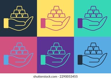 Pop art Gold bars in hand icon isolated on color background. Banking business concept.  Vector
