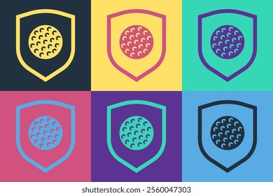 Pop art Golf ball with shield icon isolated on color background.  Vector