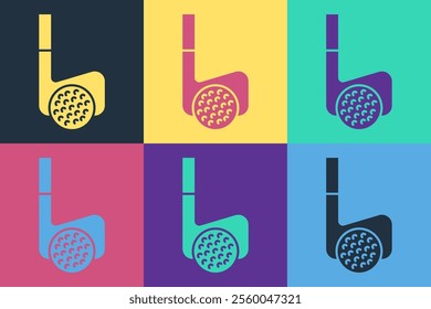 Pop art Golf club with ball icon isolated on color background.  Vector