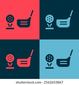 Pop art Golf flag and golf ball on tee icon isolated on color background. Golf equipment or accessory.  Vector