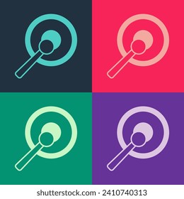 Pop art Gong musical percussion instrument circular metal disc and hammer icon isolated on color background.  Vector