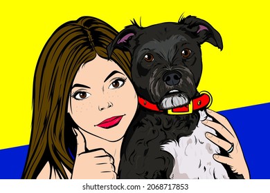 Pop Art of Gorgeous young woman and her dog showing like sign. Girl showing thumbs up gesture with hand. Approving expression looking at the camera, showing success. People and animals. Pop Art Comic