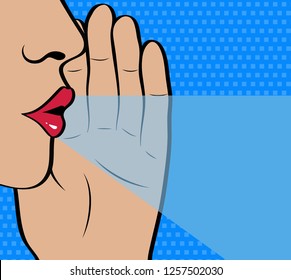 Pop Art Gossip Girl Whispering  Secrets. Mouth, Lips And Hand Close Up. Vector Illustration In Comic Style.