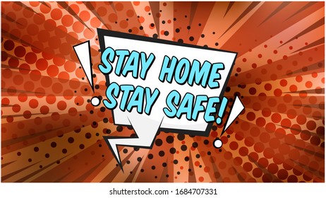 Pop art gradient red retro comic background with blue color stay home bubble and dotted halftone. Vector white speech balloon with motivated anti coronavirus phrase on abstract striped backdrop
