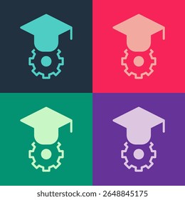 Pop art Graduation cap icon isolated on color background. Graduation hat with tassel icon.  Vector
