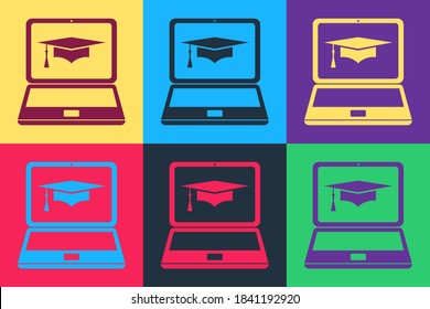 Pop art Graduation cap and laptop icons. Online learning or e-learning concept icons isolated on color background. Vector.