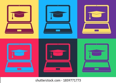 Pop art Graduation cap and laptop icon isolated on color background. Online learning or e-learning concept icon. Vector.
