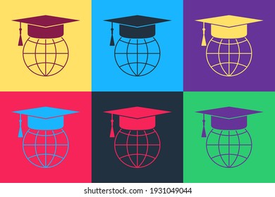 Pop art Graduation cap on globe icon isolated on color background. World education symbol. Online learning or e-learning concept.  Vector