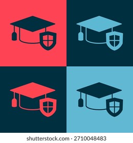 Pop art Capa de graduação com ícone de escudo isolado no fundo da cor. Conceito de seguro. Segurança, segurança, proteção, conceito de proteção.  Vetor