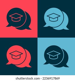 Dibujo pop Graduación en icono de burbuja de voz aislado en fondo de color. Sombrero de graduación con icono de tacón.  Vector