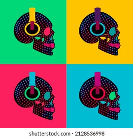 Pop art graffiti halftone skull icons with headphones. Music background vector illustration 