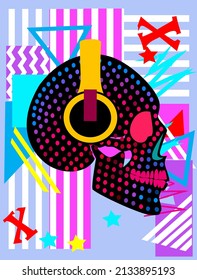 Pop art graffiti halftone skull icons with headphones. Music background vector illustration 