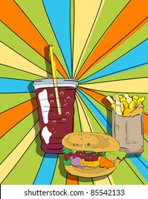 Pop art graphic background with cheeseburger, fries and soda, conceptual  food graphic